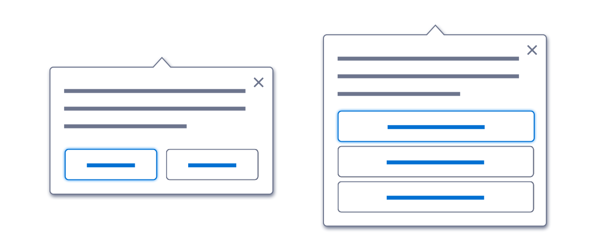 Two wireframe examples of test mode popovers, one featuring two buttons side by side, the other showing three buttons stacked.
