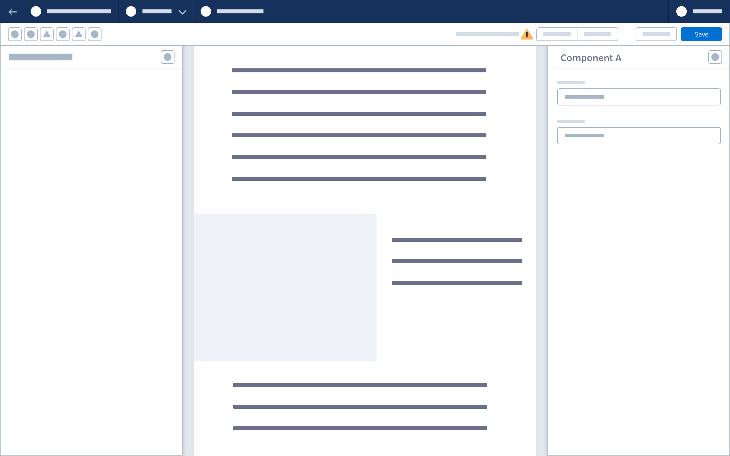 A wireframe showing a builder header with a warning icon.
