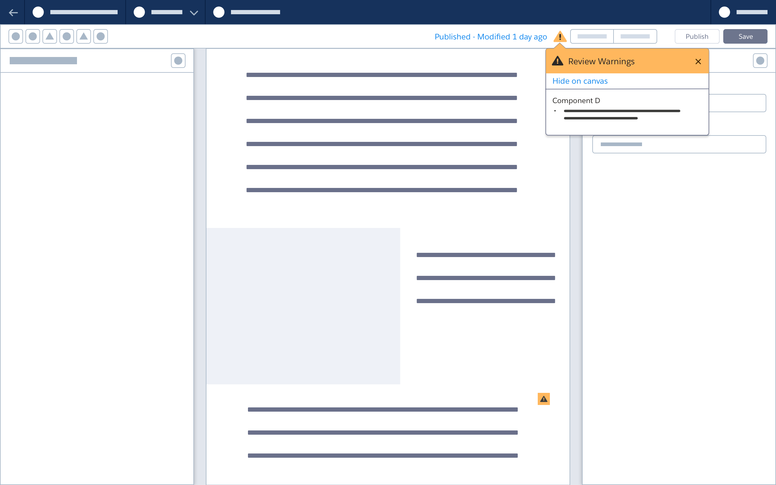 Wireframe showing a warning review popover.