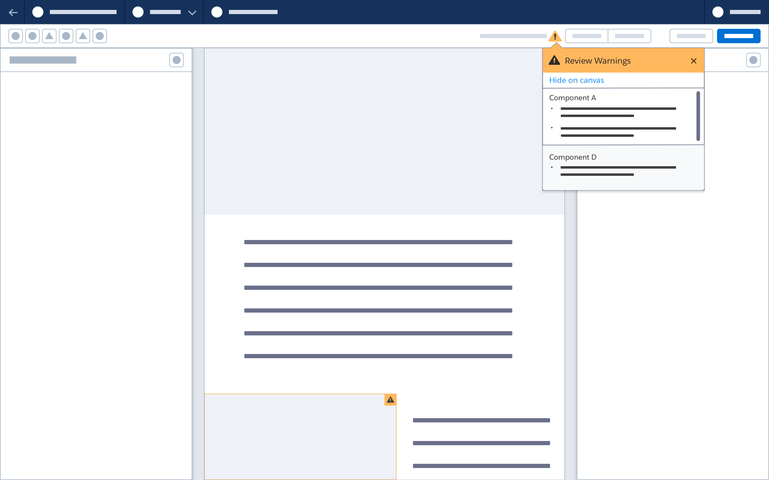 A wireframe showing a component highlighted after clicking an item in the warning popover.